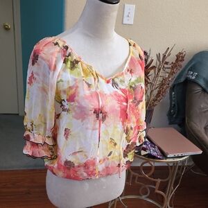 A. Byer Floral Tie-Front Peasant Blouse in Pink & Yellow
